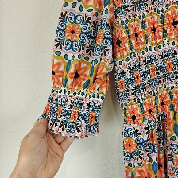 BODEN Smocked Bodice Puff Sleeve Midi Floral Deep V Dress Size 16/18R - Picture 10 of 15